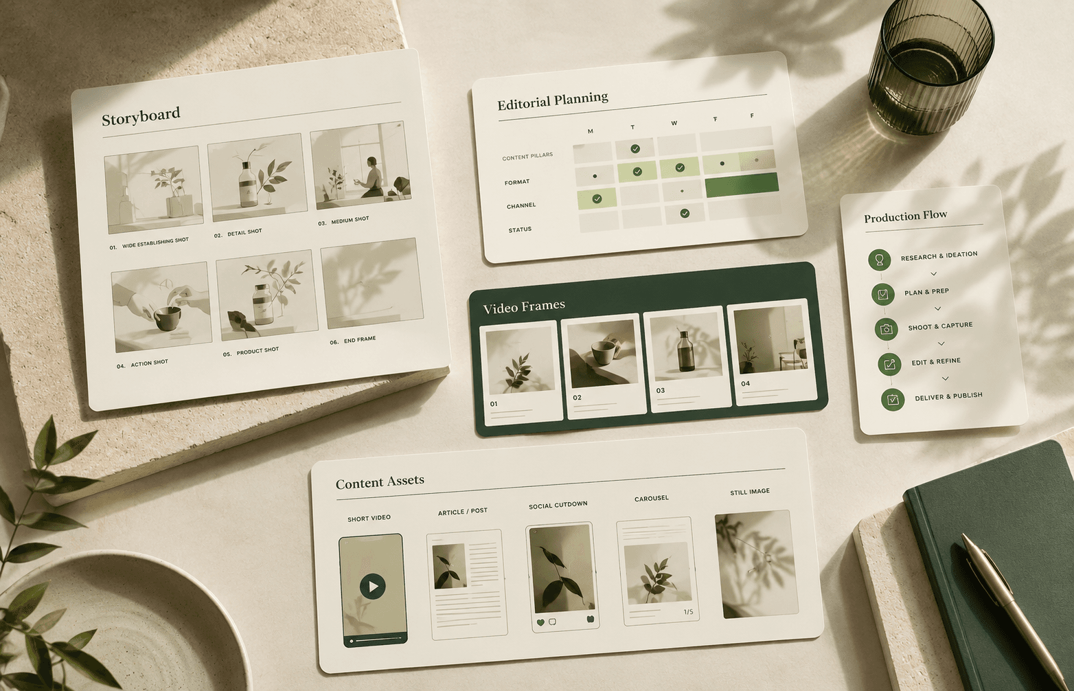 Content and video production visual showing storyboards, editorial planning, video frames and content assets.