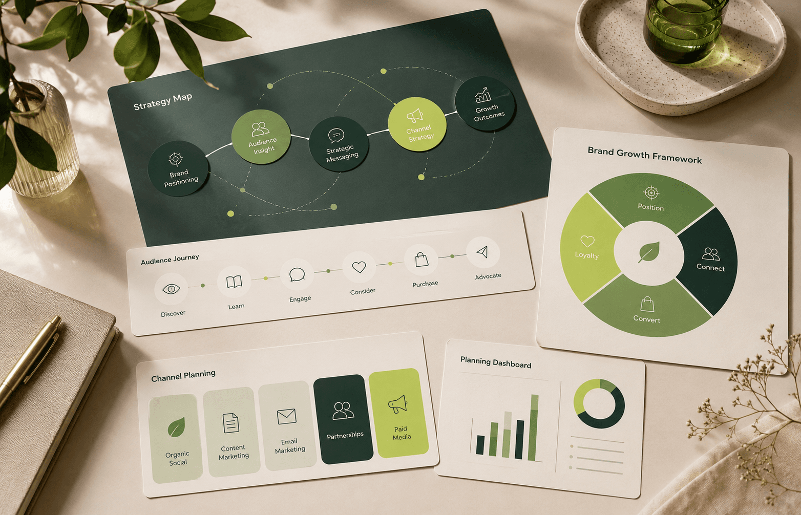 Marketing strategy visual showing brand positioning, audience insight, channel planning and growth frameworks.