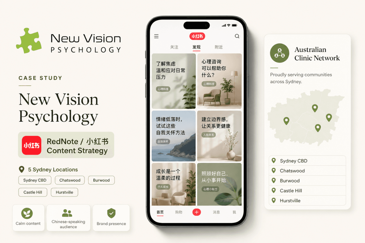 Case study visual for New Vision Psychology showing Chinese market communication and RedNote content strategy.