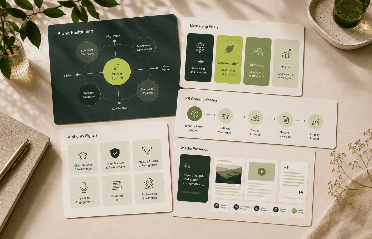 Brand strategy and PR visual showing positioning, messaging pillars, authority signals and media communication.
