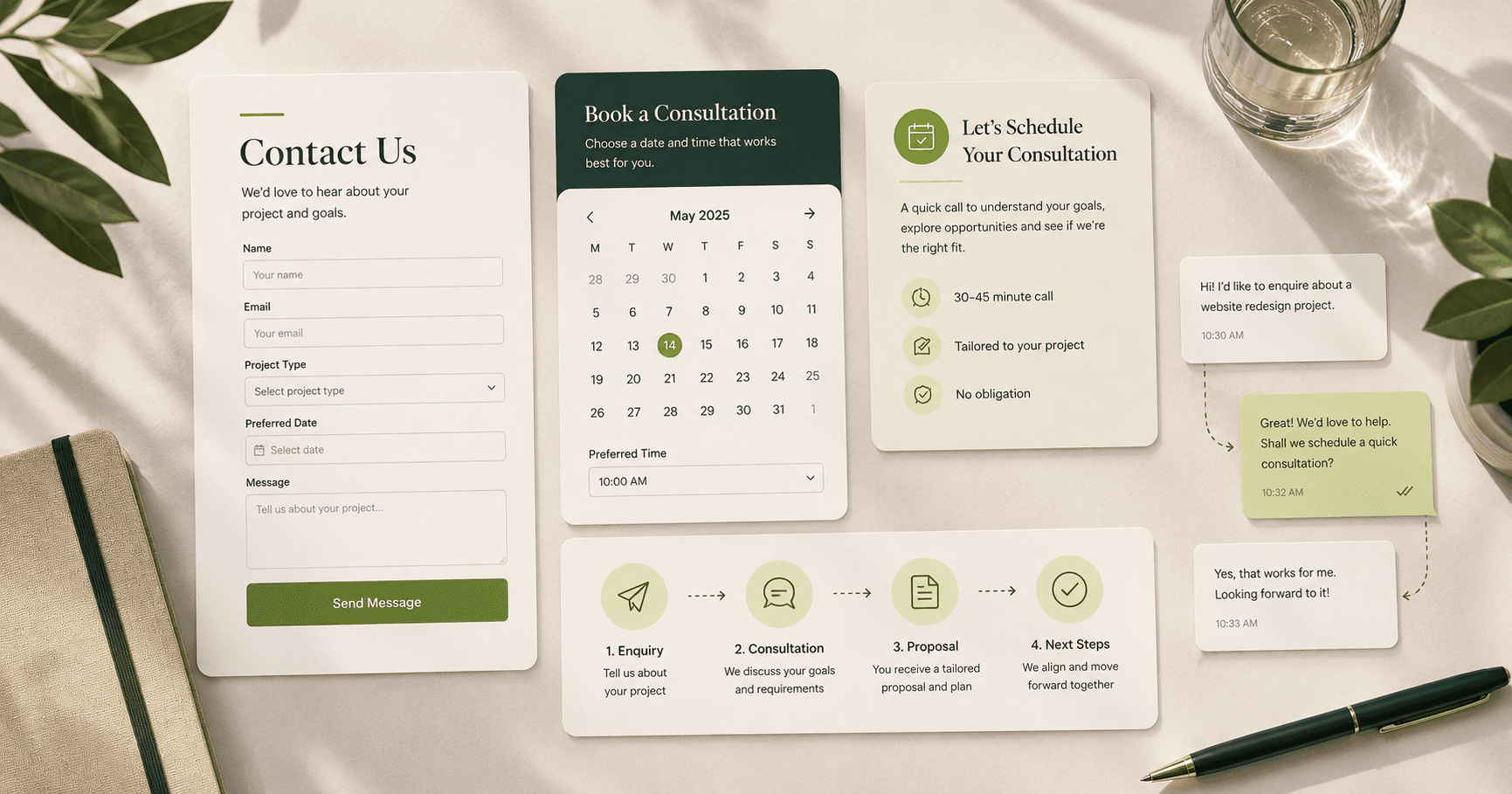 Contact and consultation visual showing an enquiry form, scheduling process and next steps.