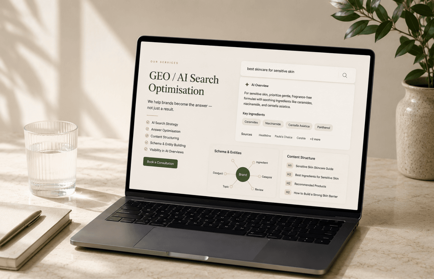 Abstract visual representing GEO, AI search optimisation, structured content and digital visibility.