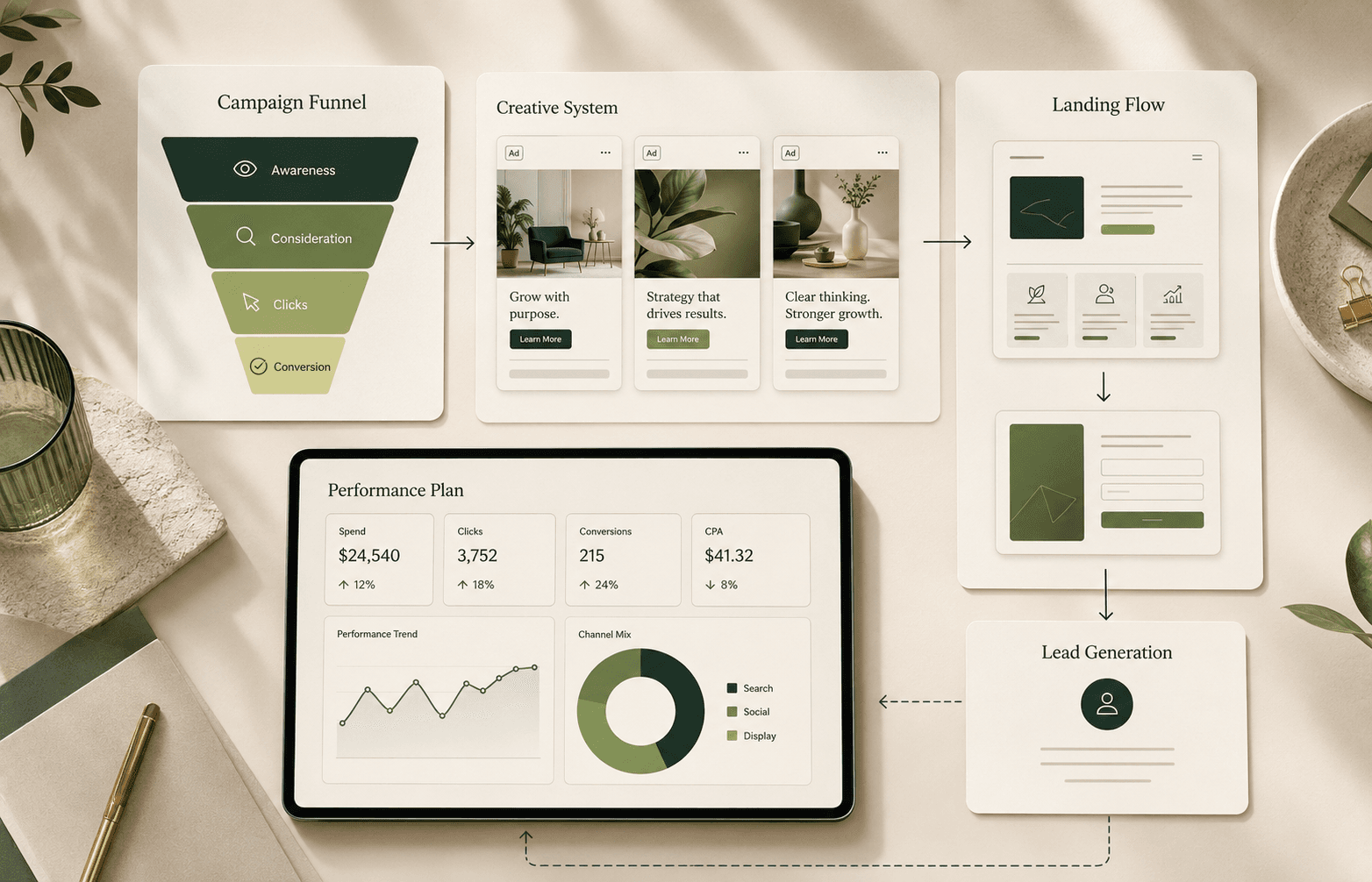 Paid digital campaign visual showing campaign funnels, creative systems, landing pages and performance planning.