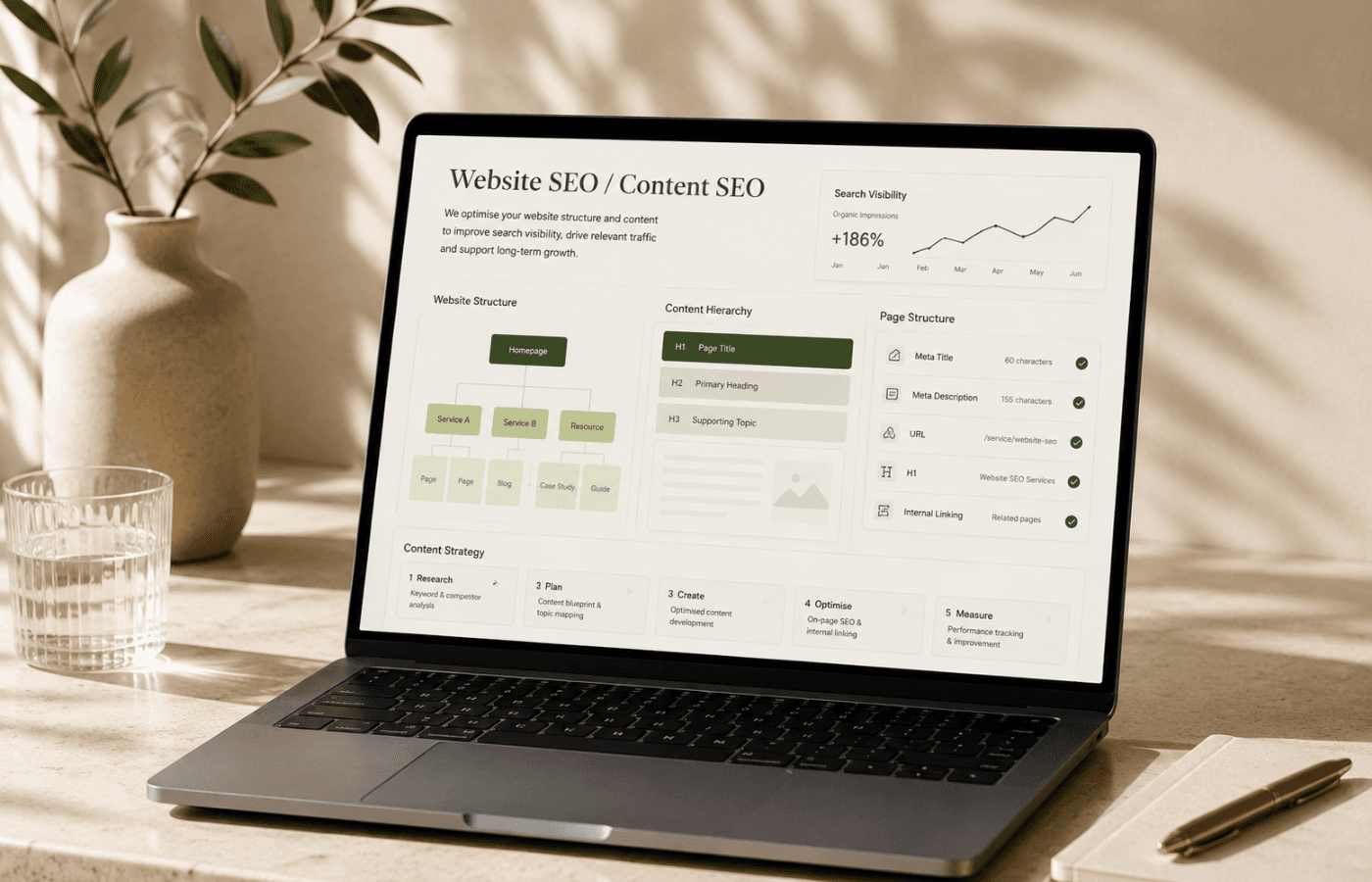 Abstract website design, SEO and content visual showing structured pages, search visibility and digital growth.